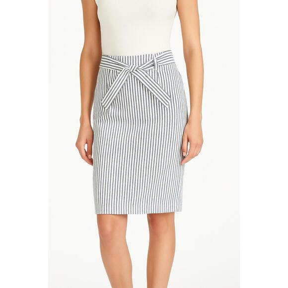 NWT J.Crew Skirt Womens Size 25‎ White Blue Striped Pencil Tie Waist Denim - Picture 1 of 13